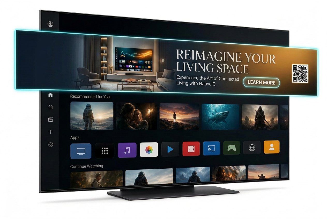 Smart TV home screen with a sponsored masthead ad breaking out of the screen